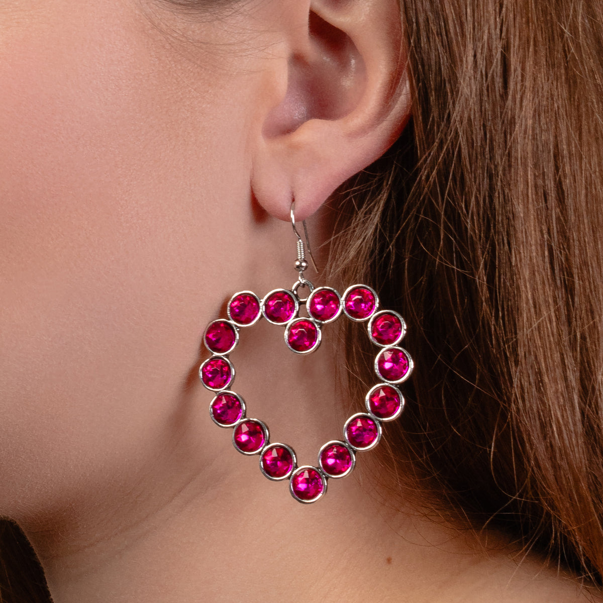 1362 - Crystal Heart Earrings - Fuchsia