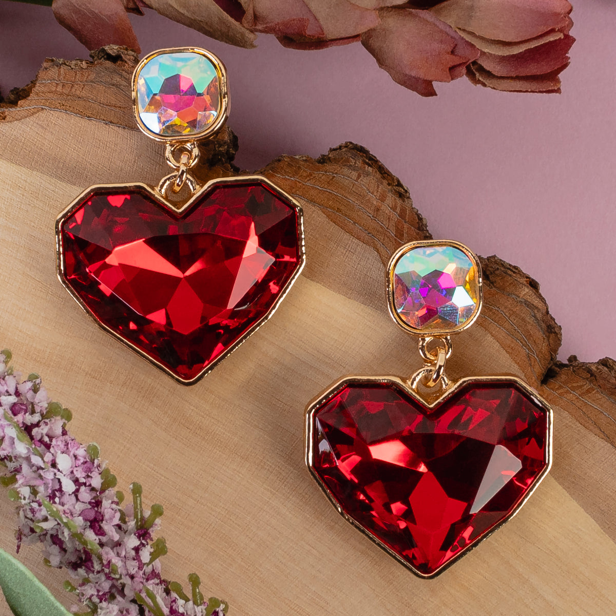 1377 - Crystal Heart Earrings - Red