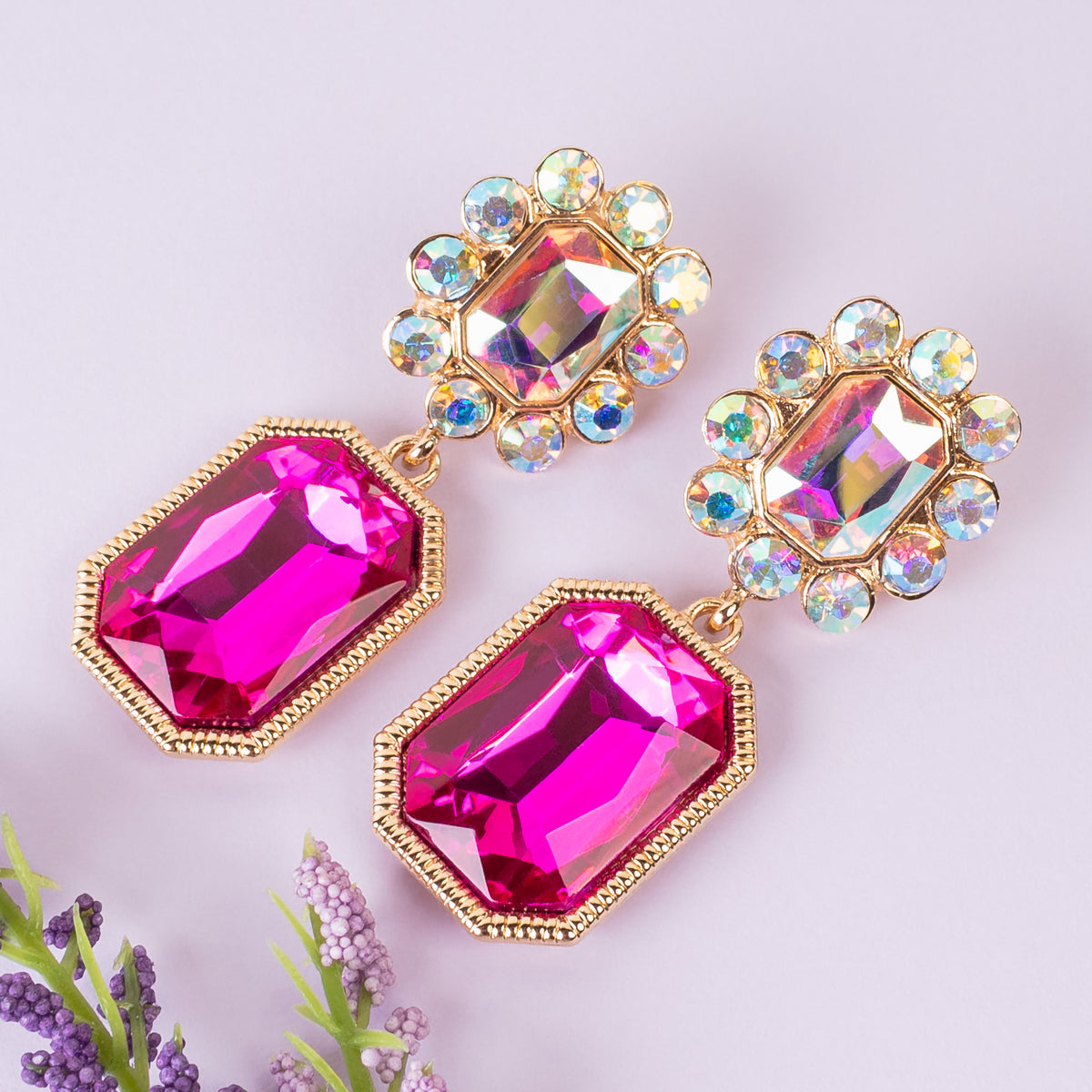 1381 - Crystal Drop Earrings - Fuchsia