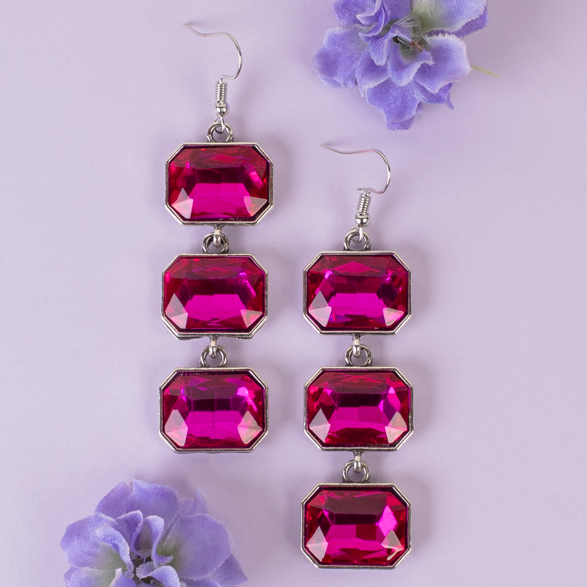 1382 - Crystal Drop Earrings - Fuchsia