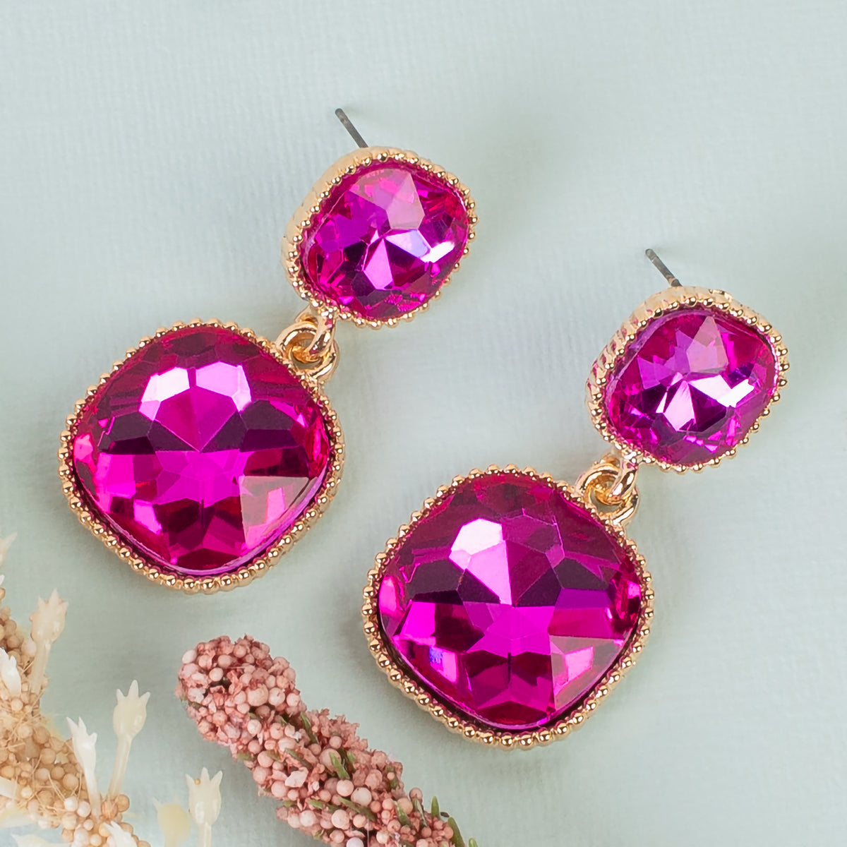 1386 - Crystal Drop Earrings - Fuchsia