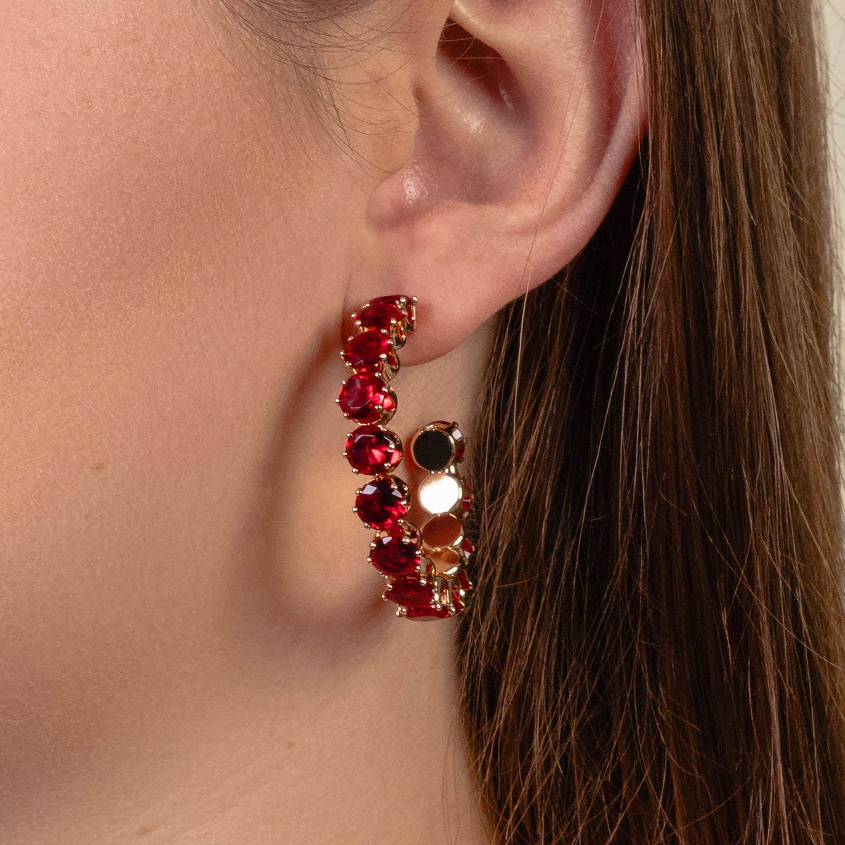 1393 - Crystal Hoop Earrings - Red