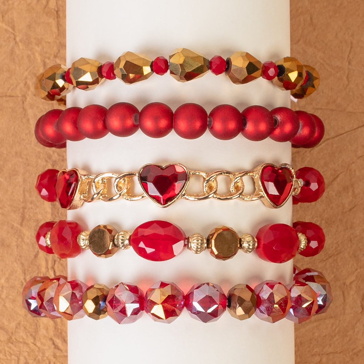 1426 - Beaded Stacked Bracelets - Red & Gold