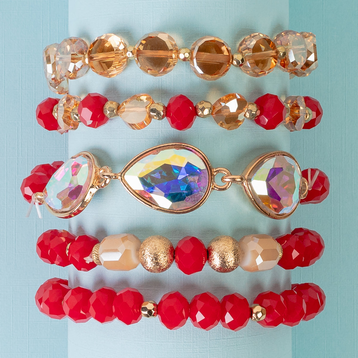 1433 - Crystal Stacked Bracelets - Red