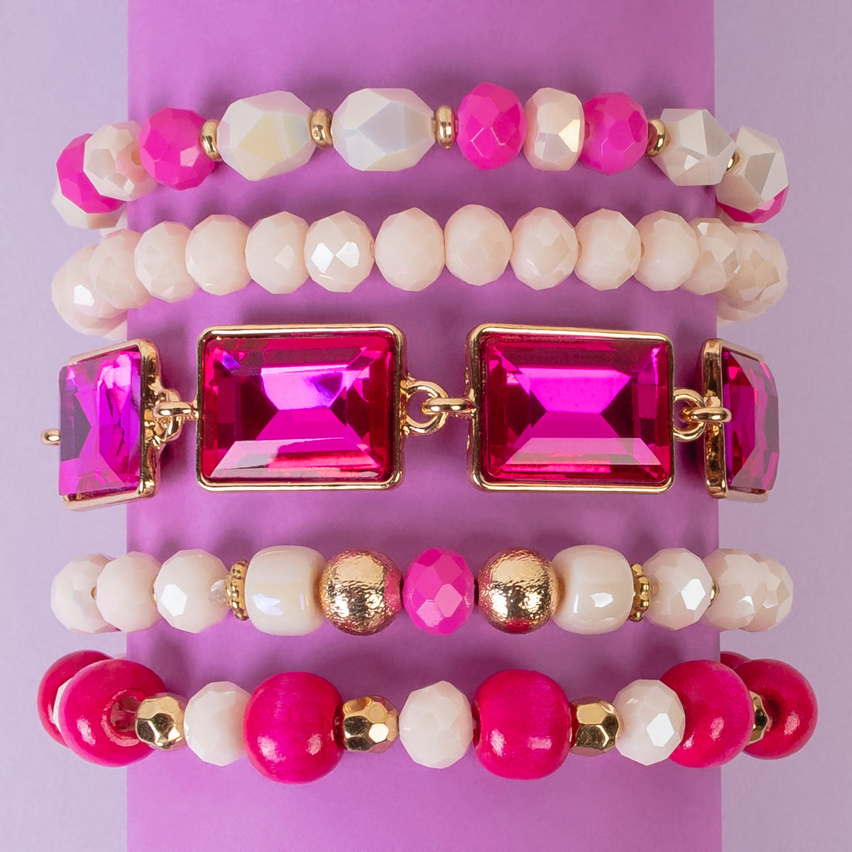 1436 - Crystal Stacked Bracelets - Fuchsia