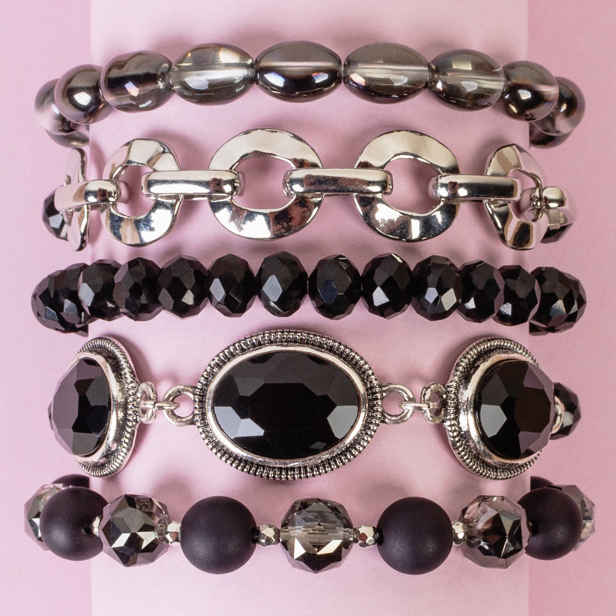 1438 - Crystal Stacked Bracelets - Black