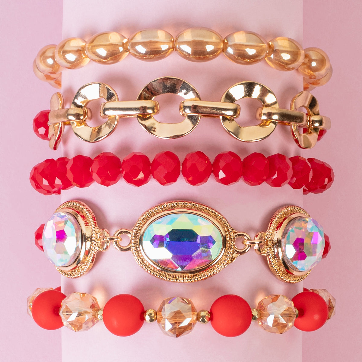 1438 - Crystal Stacked Bracelets - Red