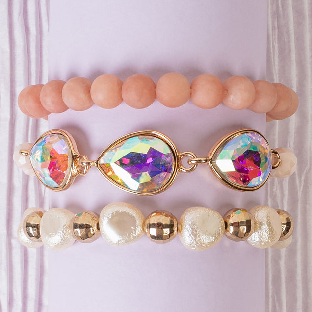 1439 - Crystal Stacked Bracelets - Coral | Your Fashion Wholesale