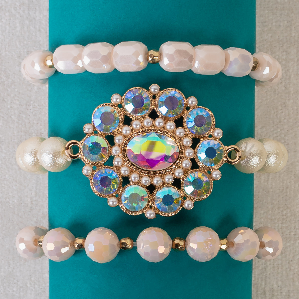 1440 - Crystal Stacked Bracelets - Beige