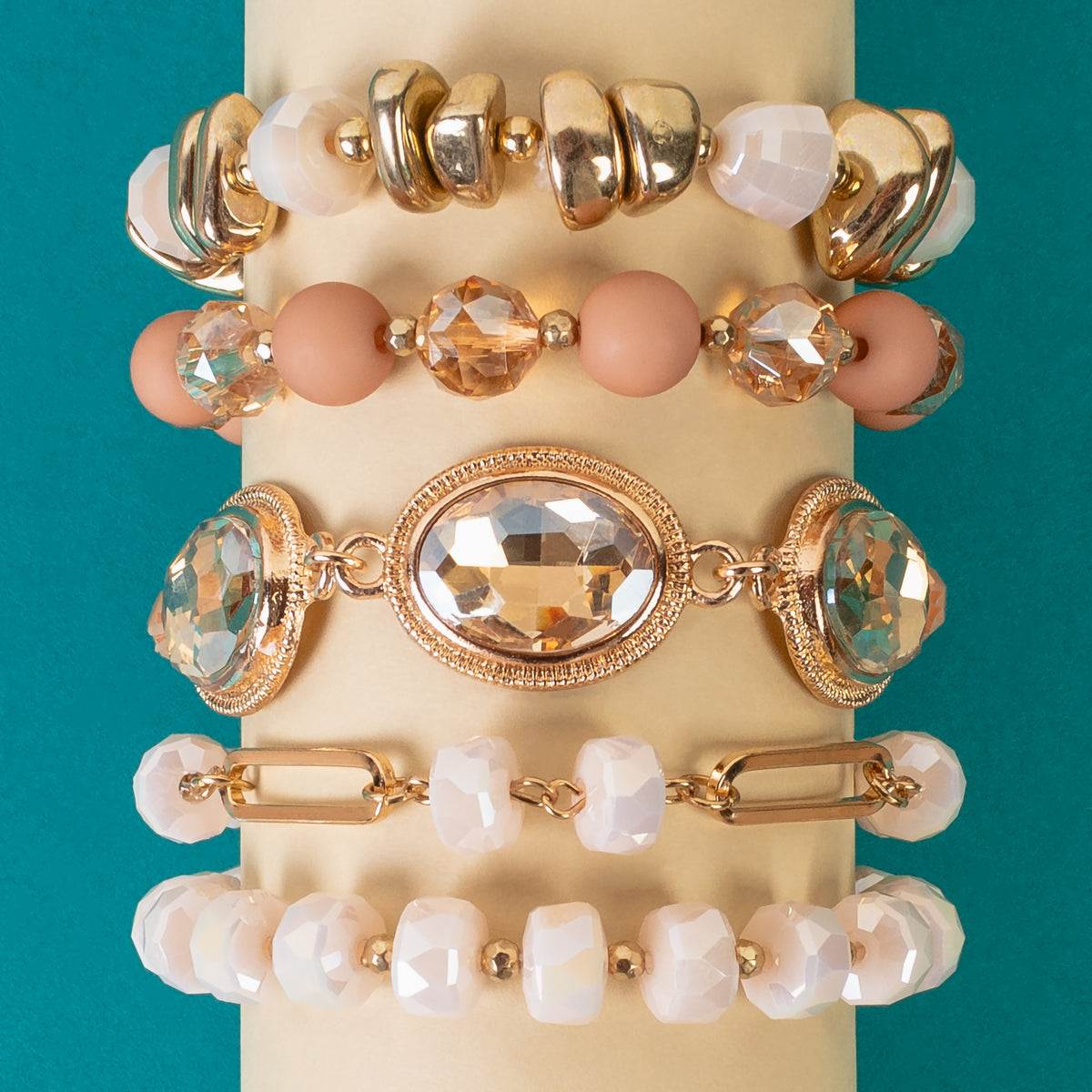 1442 - Crystal Stacked Bracelets - Beige