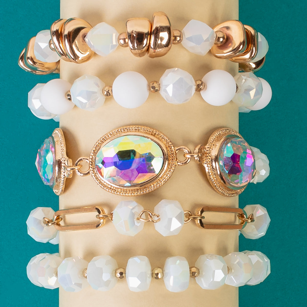 1442 - Crystal Stacked Bracelets - White