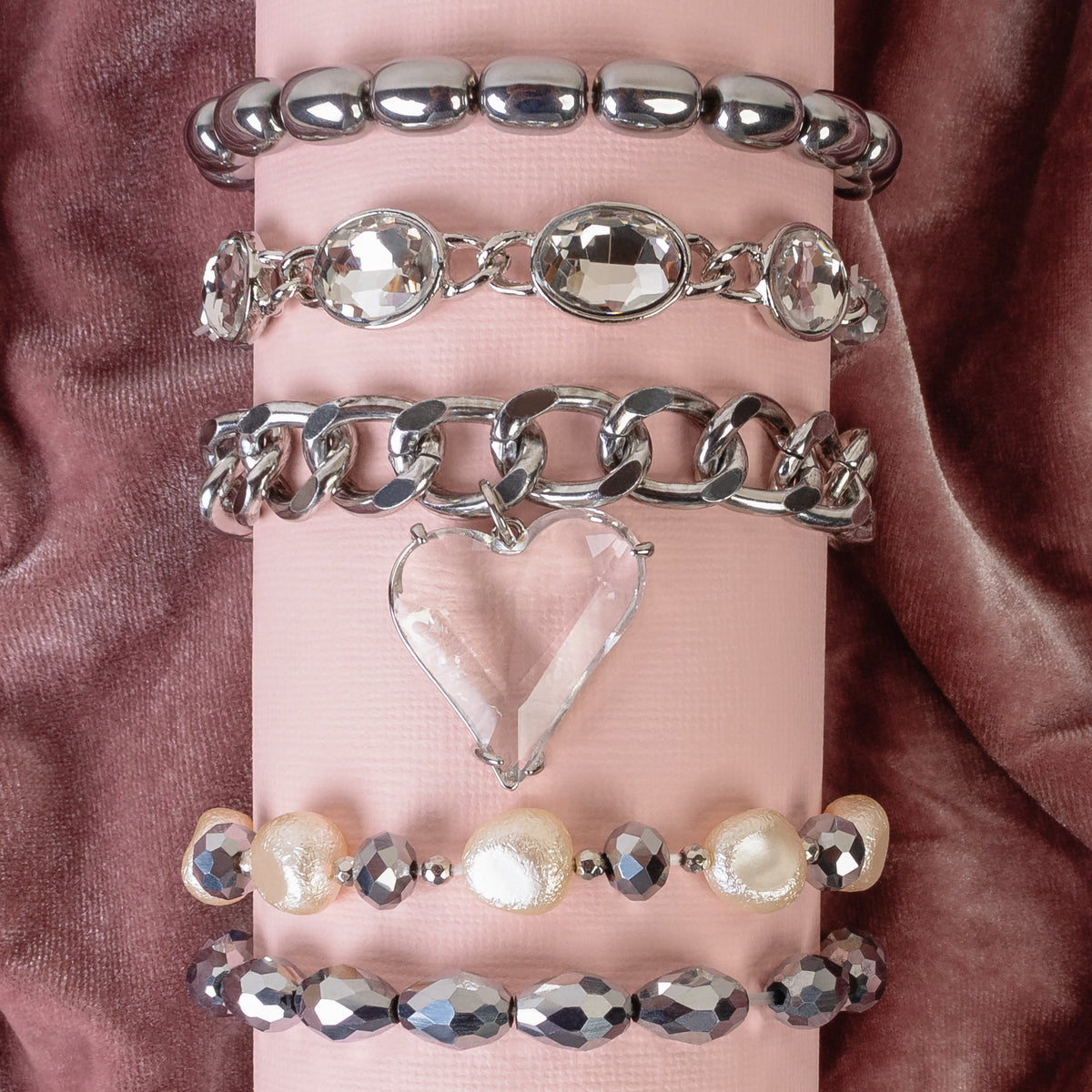 1445 - Beaded Stacked Bracelets - Silver