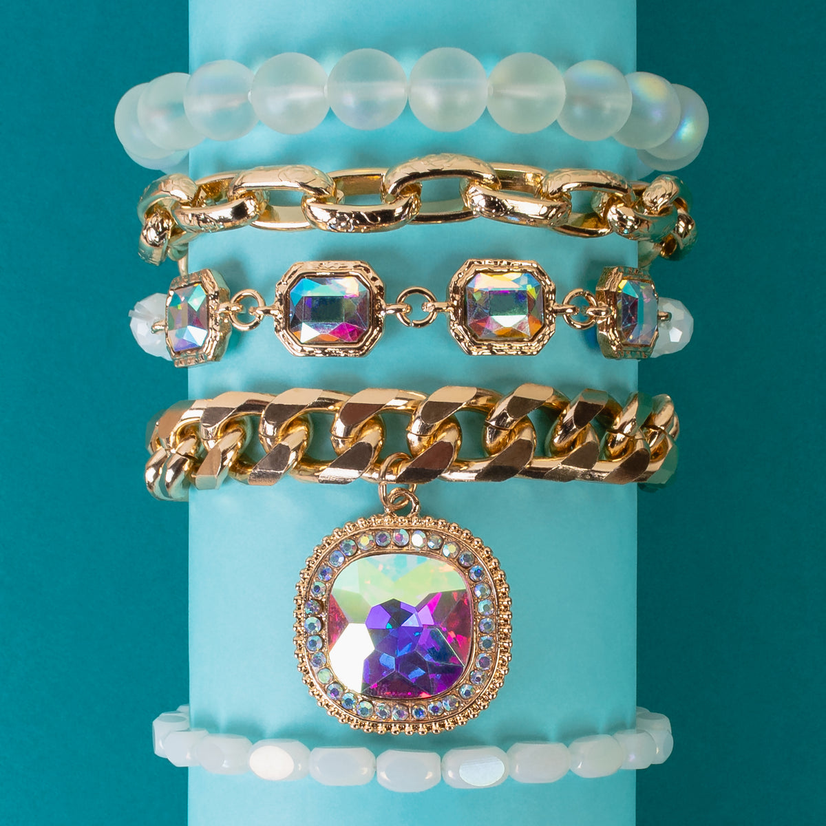 1448 - Crystal Stacked Bracelets - White