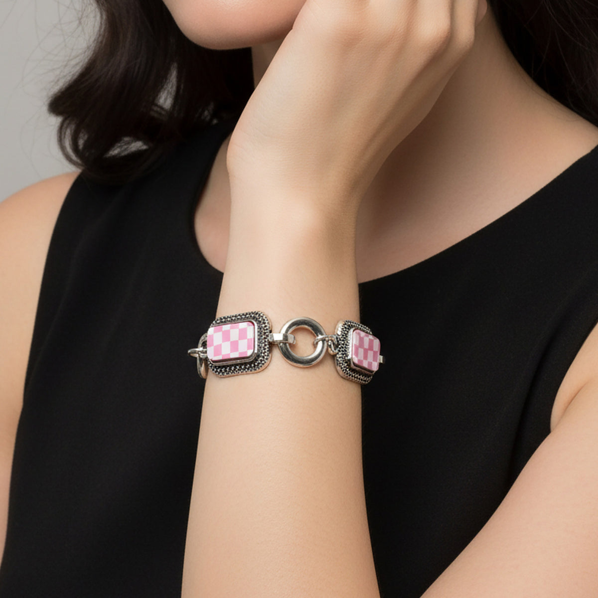1458-CH - Checkered Bracelet - Pink & White