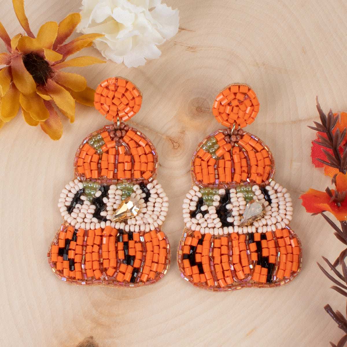 1556 - Beaded Pumpkin Earrings - Orange
