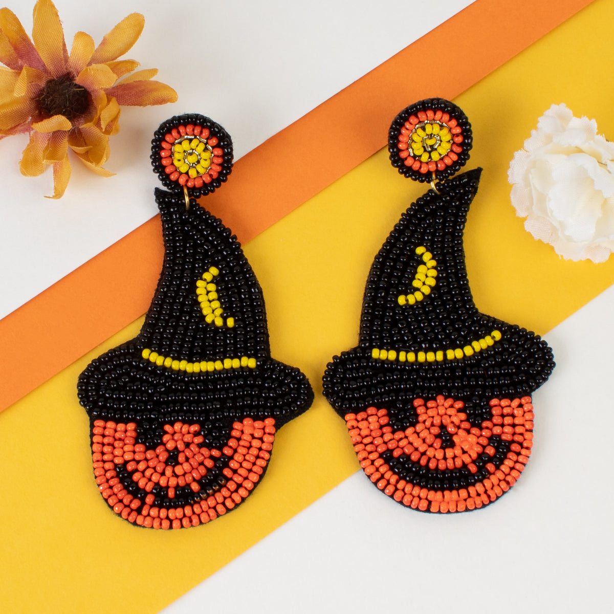 1558 - Beaded Jack-o'-Lantern Earrings - Black & Orange