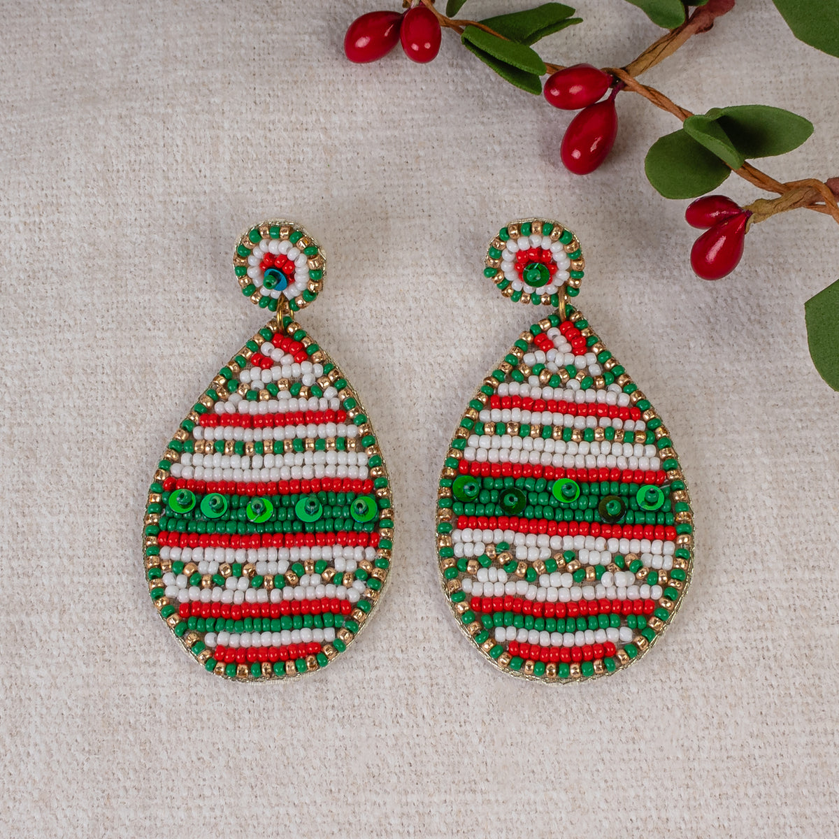 1564 - Beaded Teardrop Earrings - Red, Green, & White
