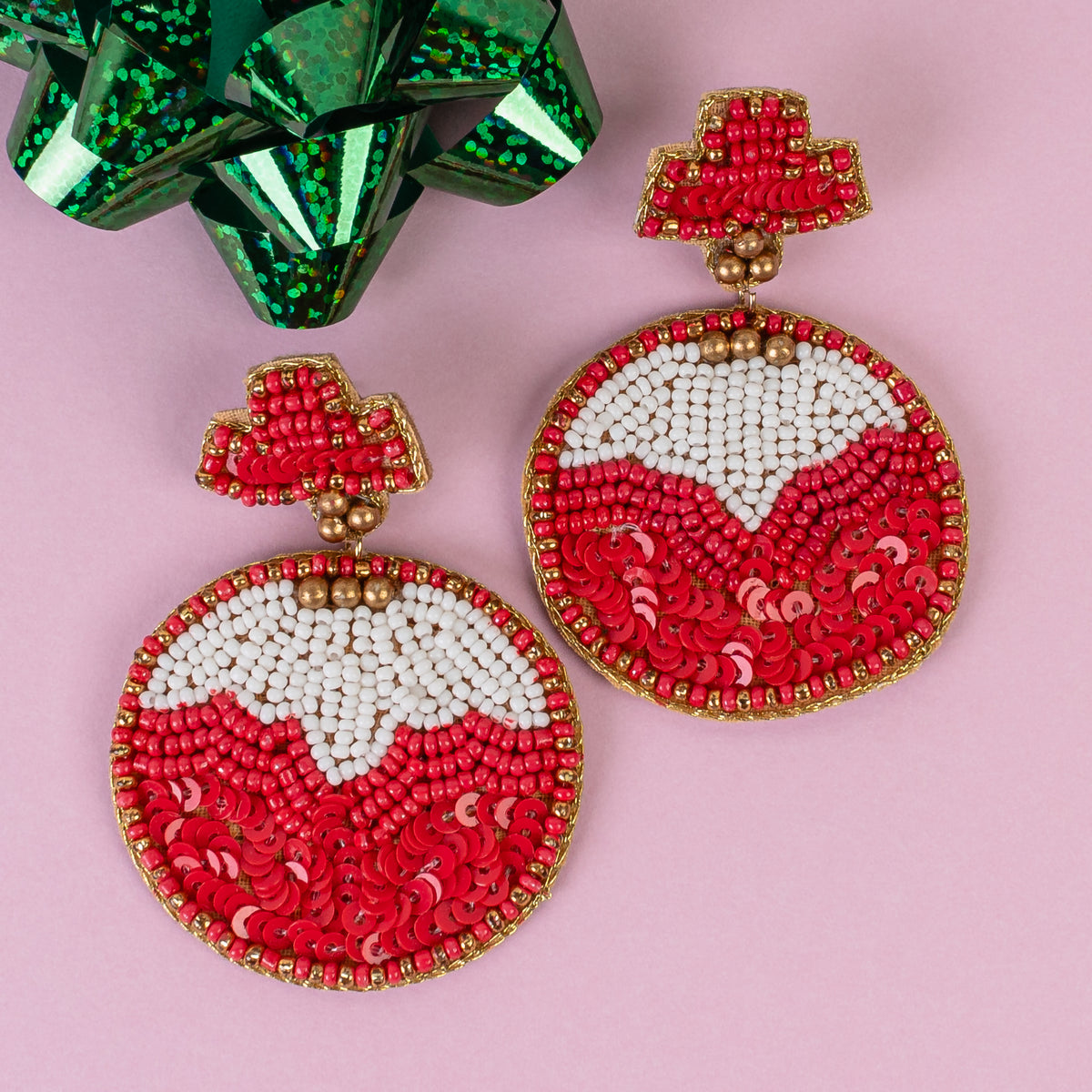 1565 - Beaded Christmas Ornament Earrings - Red