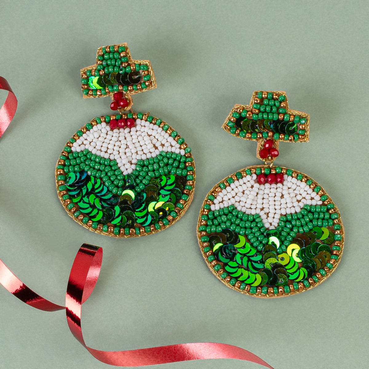 1566 - Beaded Christmas Ornament Earrings - Green