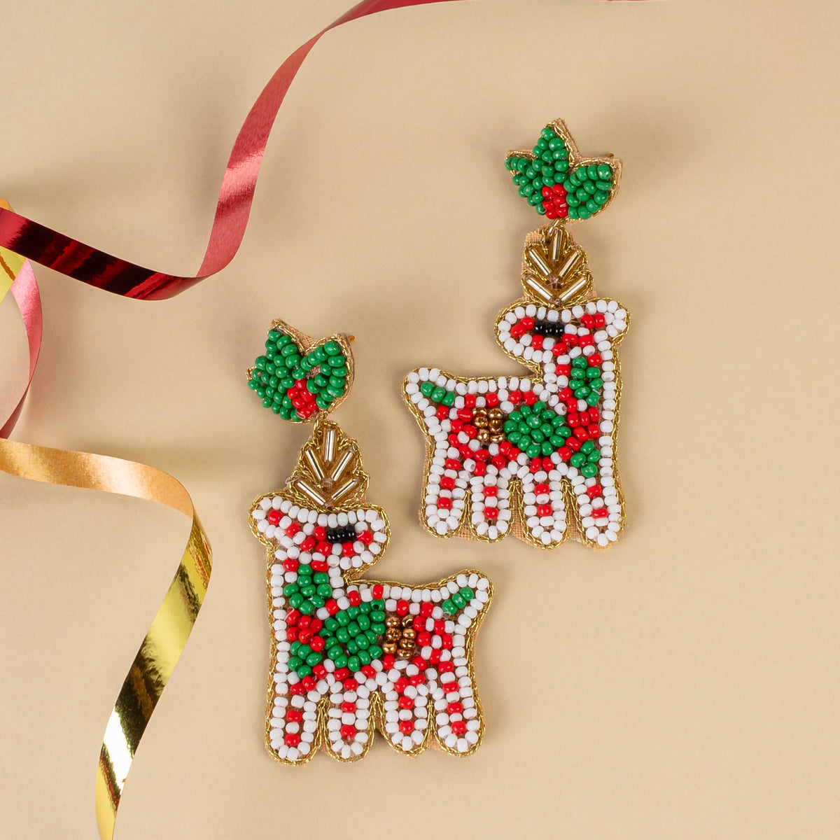 1568 - Beaded Reindeer Earrings - Red Green & White