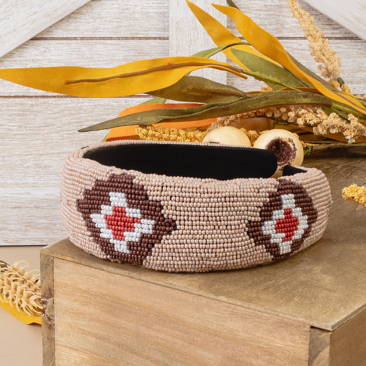 1577 - Geometric Print Beaded Headband - Brown