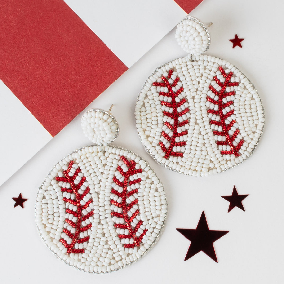 2010 - Beaded Baseball Earrings - Red & White