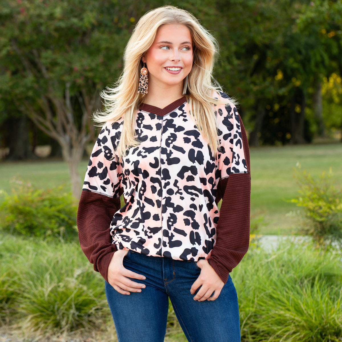 20121 - Pink Leopard Long Sleeve Top with Waffle Knit