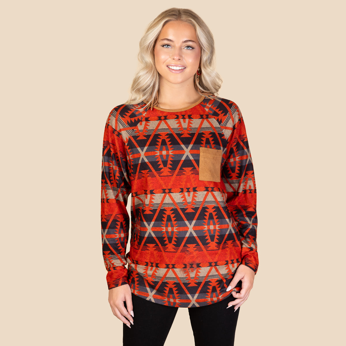 20141 - Abstract Print Western Long Sleeve Top