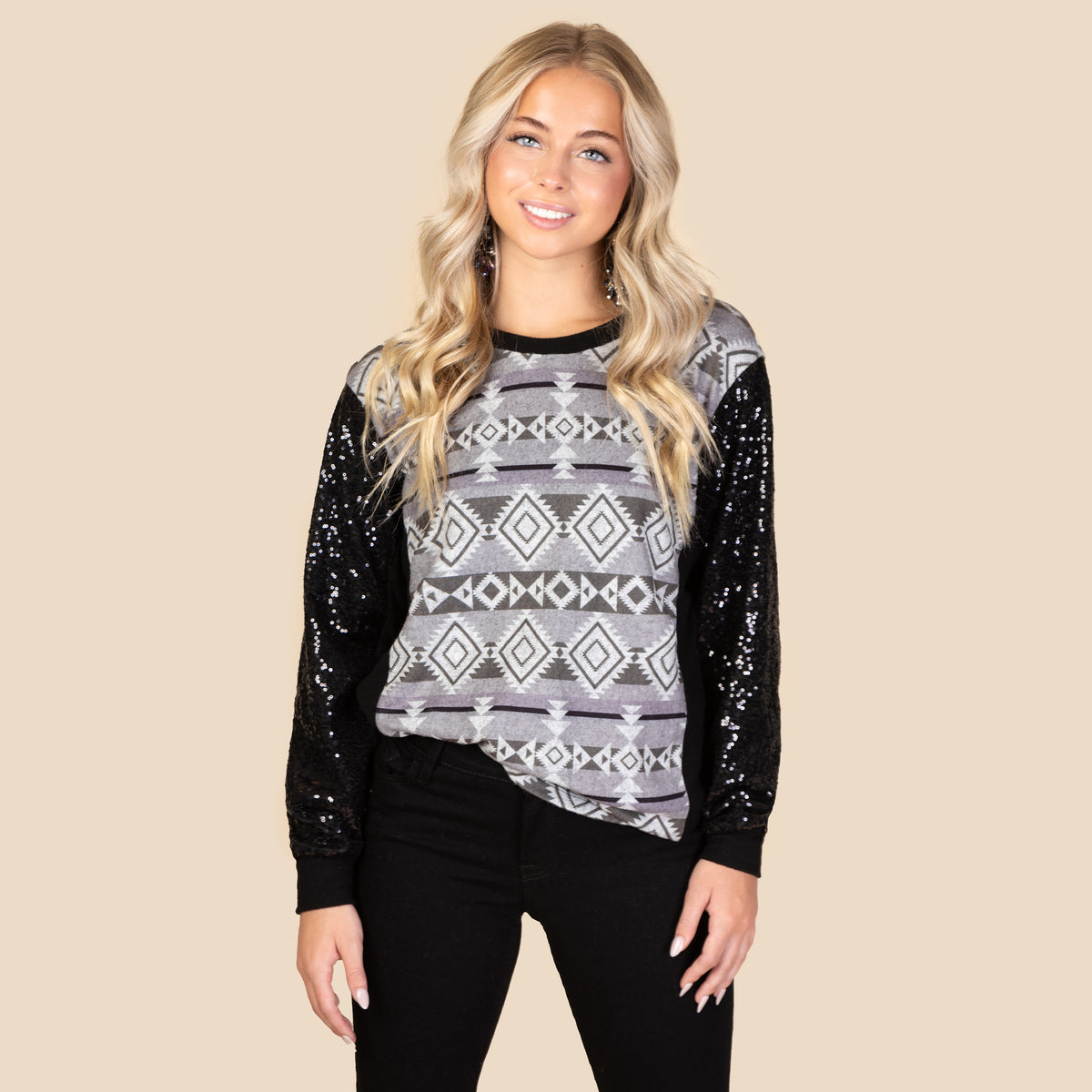 20145 - Geometric Pattern Top with Sequin Sleeves