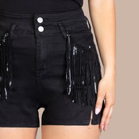 Load image into Gallery viewer, 20192 - Denim Shorts with Black Shiny Fringe
