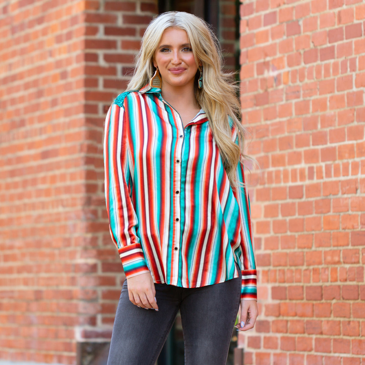 20221 - Serape Print Button up with Sequin Shoulders