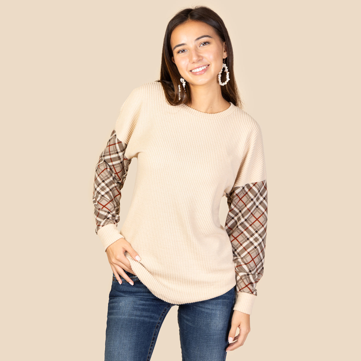 220001 - Long Sleeve Top with Plaid Accent Sleeves