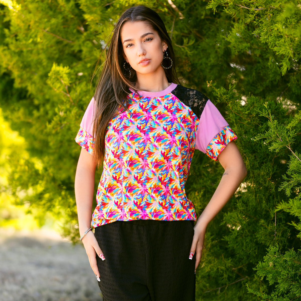 30005 - Abstract Print Half Sleeve Top with Lace Shoulders