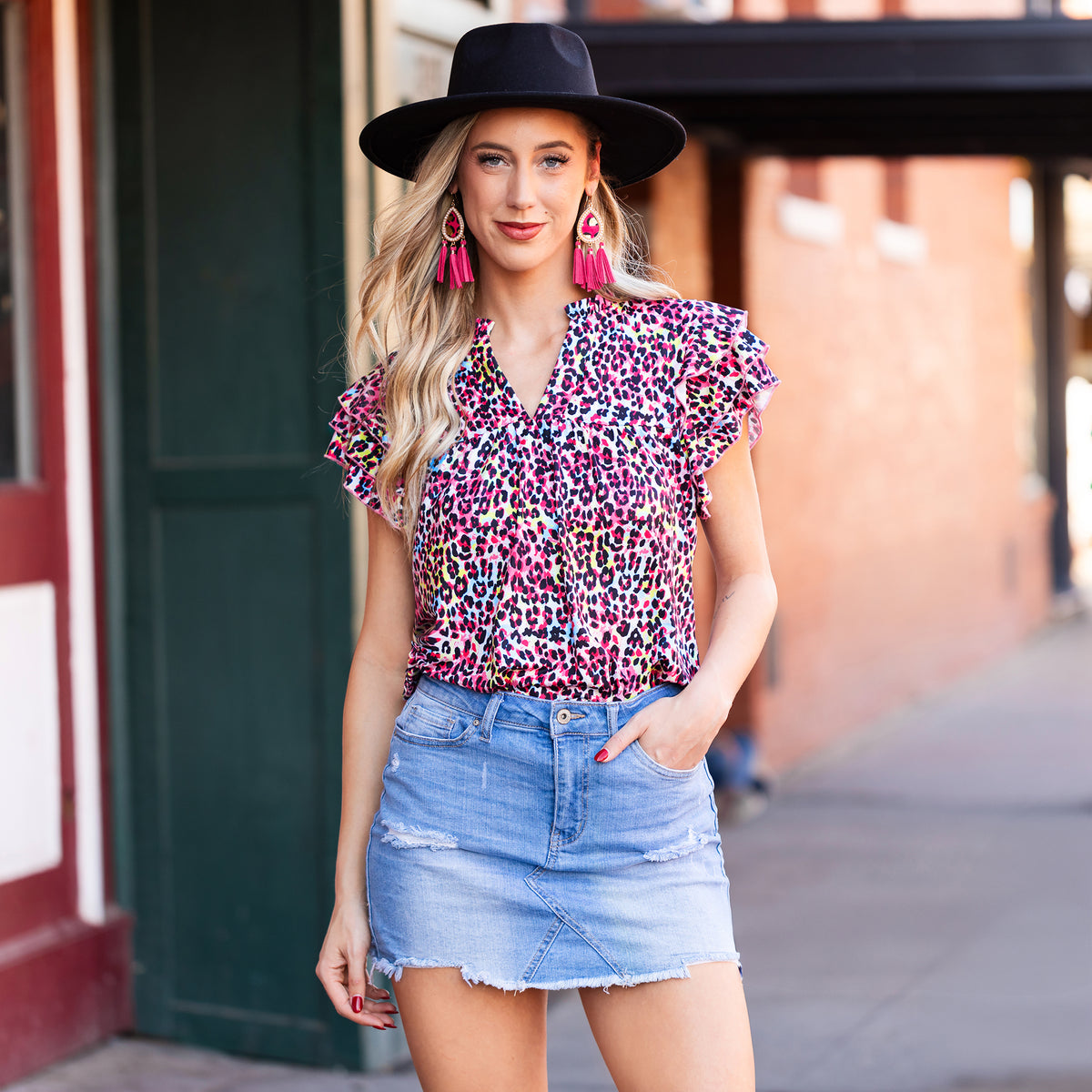 30017 - Multi Leopard Top with Ruffle Sleeves