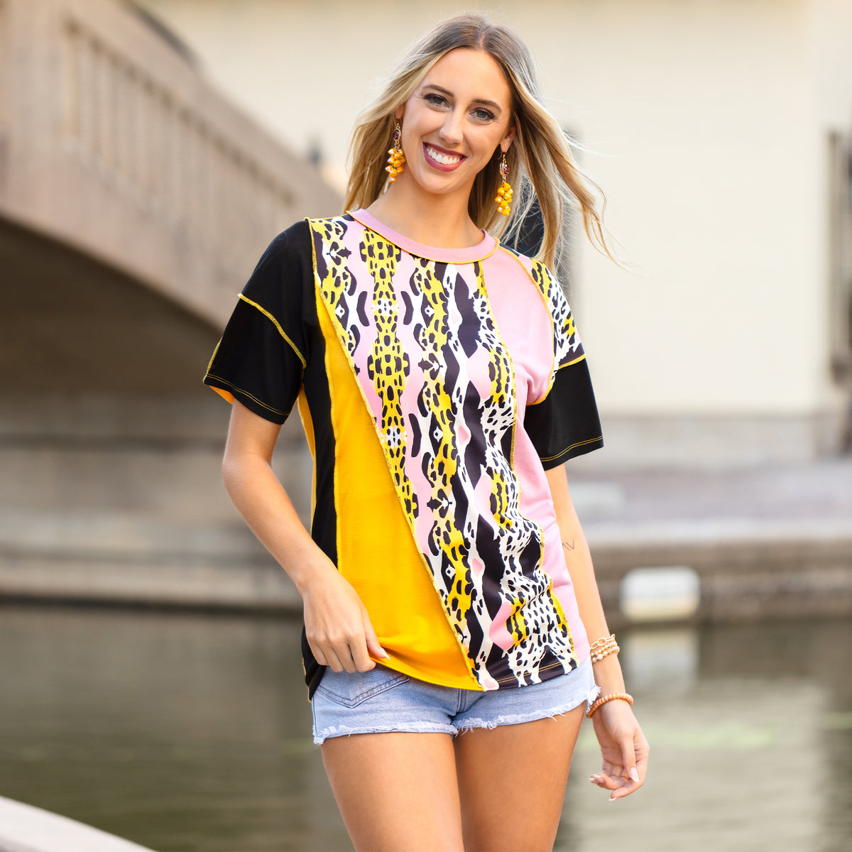 30023 - Color Block & Leopard Half Sleeve Top