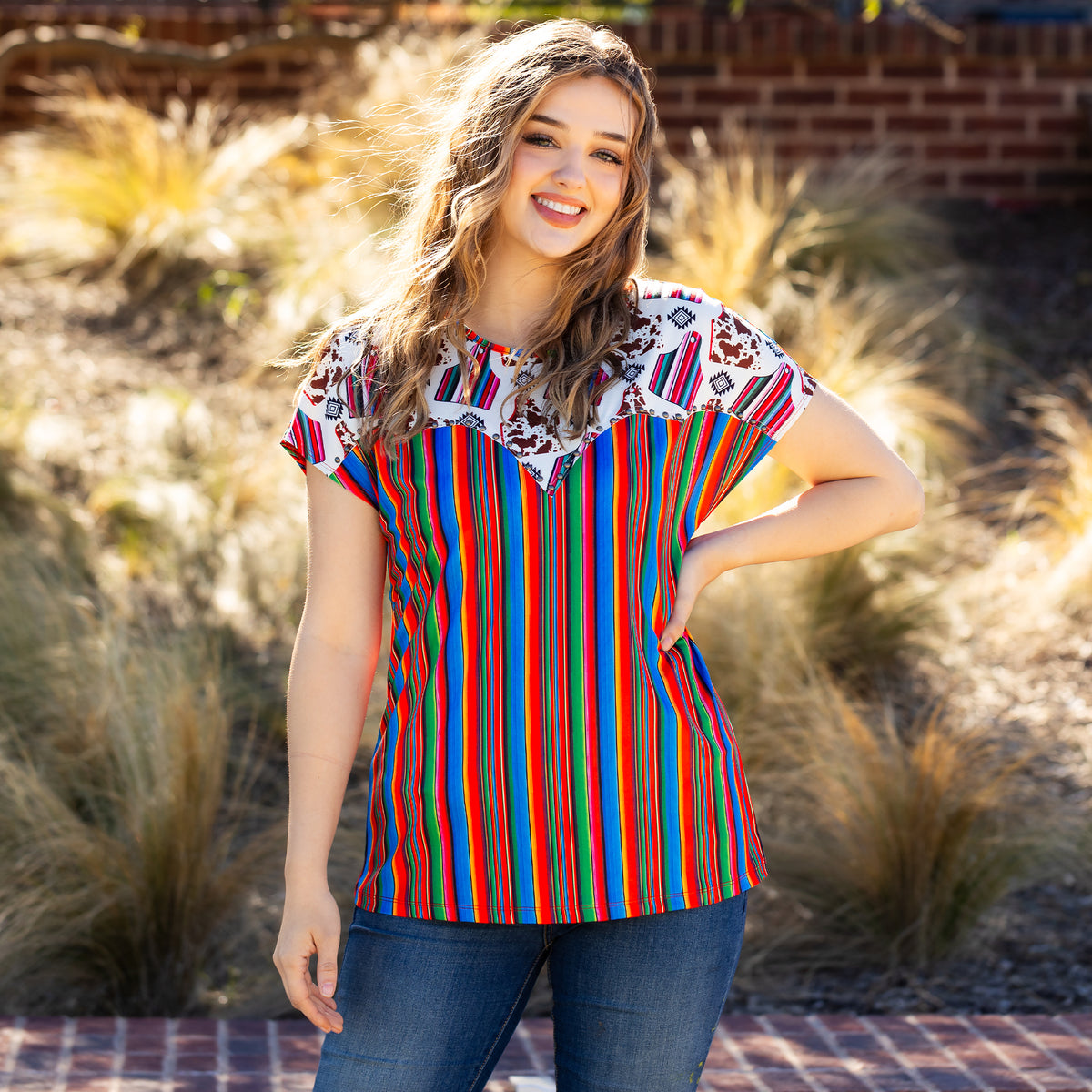30027 - Serape and Cow Print Half Sleeve Top with Accent Buttons