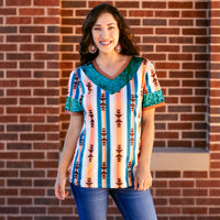 Load image into Gallery viewer, 30030 - Striped Geometric Print Top with Sequin Sleeves
