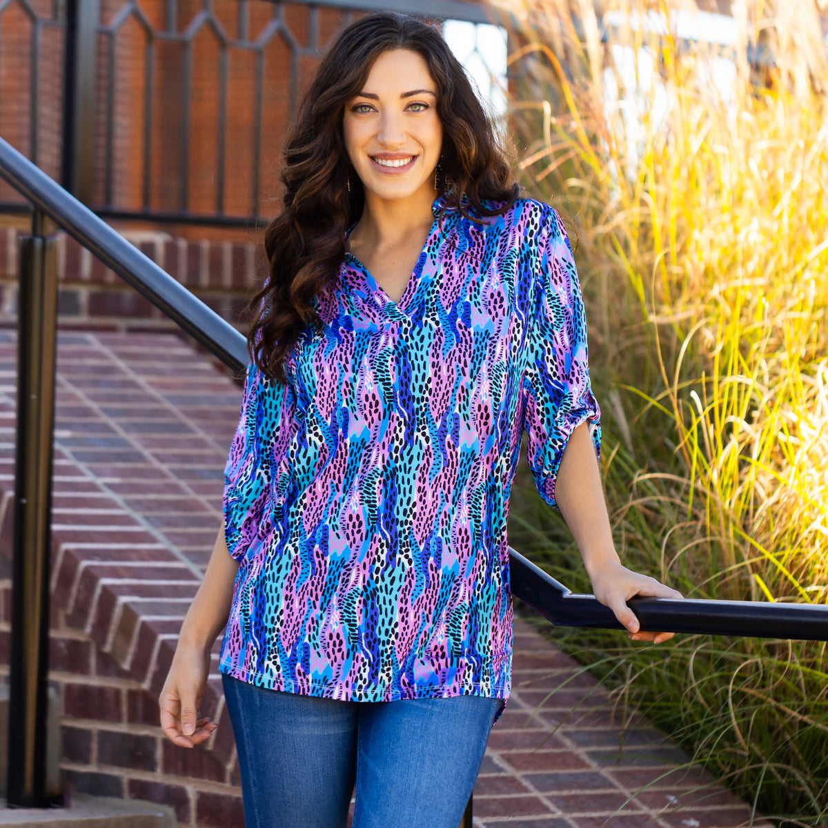 30047 - Abstract Print 3/4 Sleeve Top