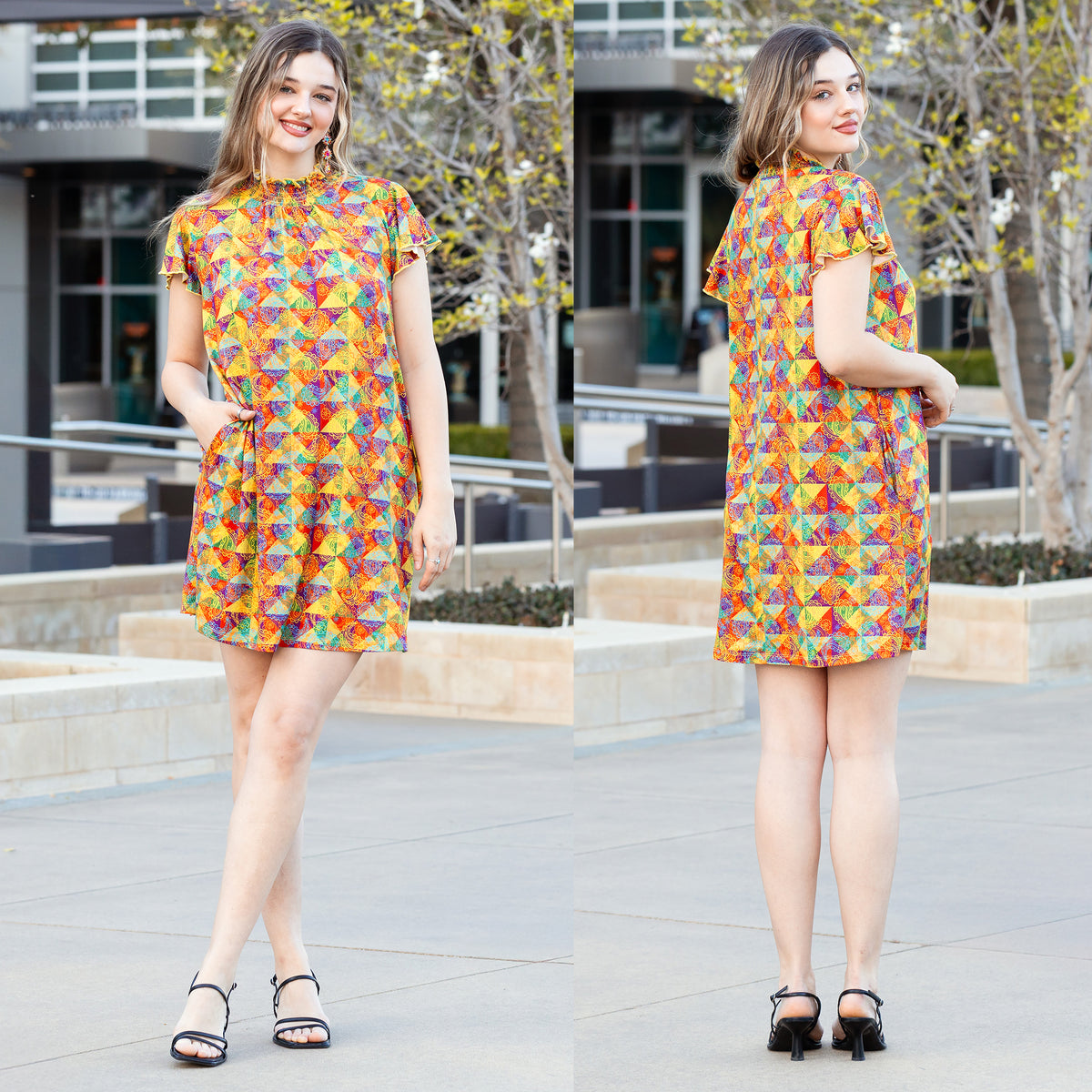 30054 - Geometric Print Dress with Pockets