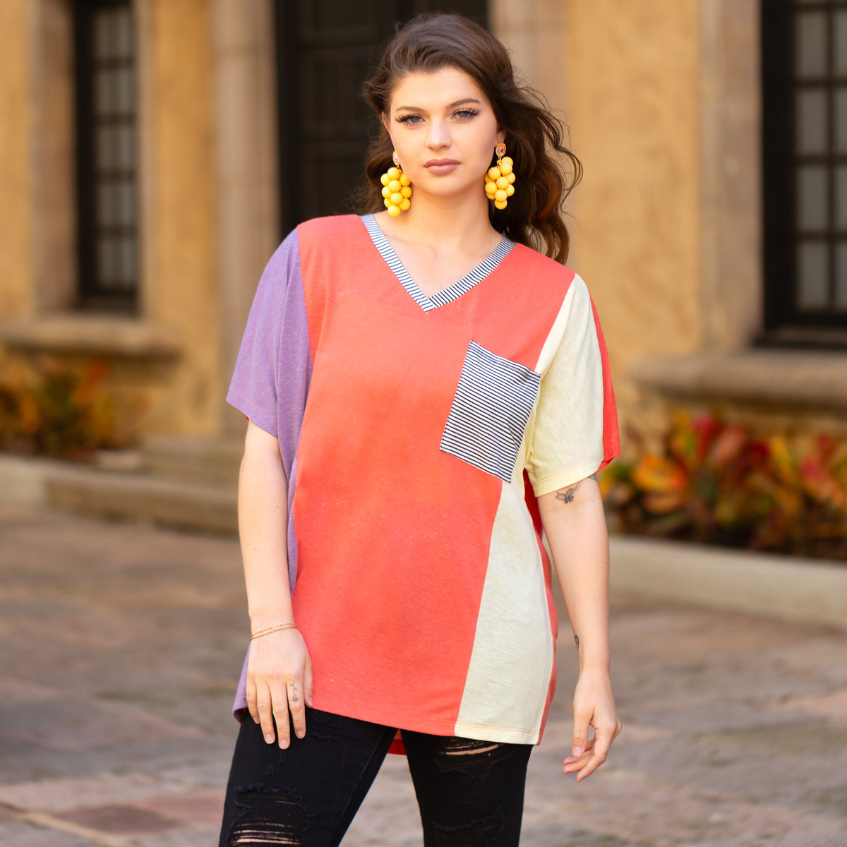30071 - Triblend Color Block V-Neck Top