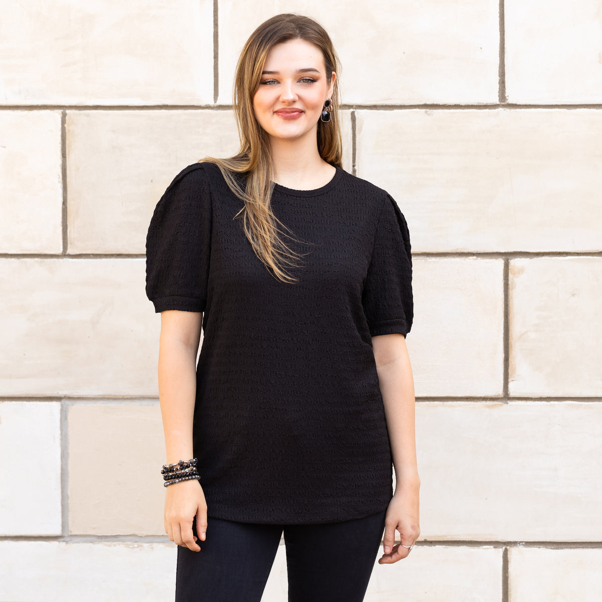 30074 - Solid Top with Puffed Sleeves - Black