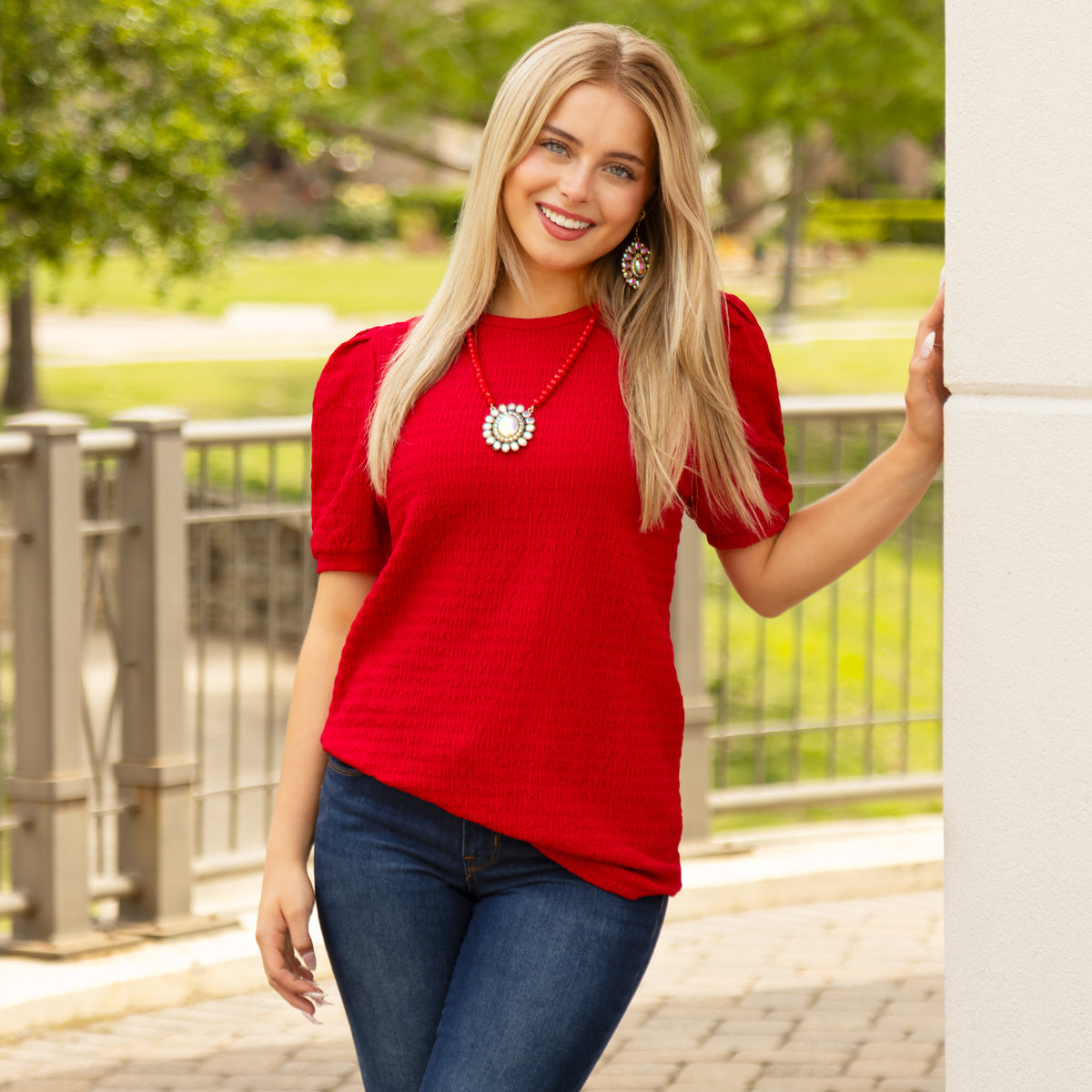 30074 - Solid Top with Puffed Sleeves - Red