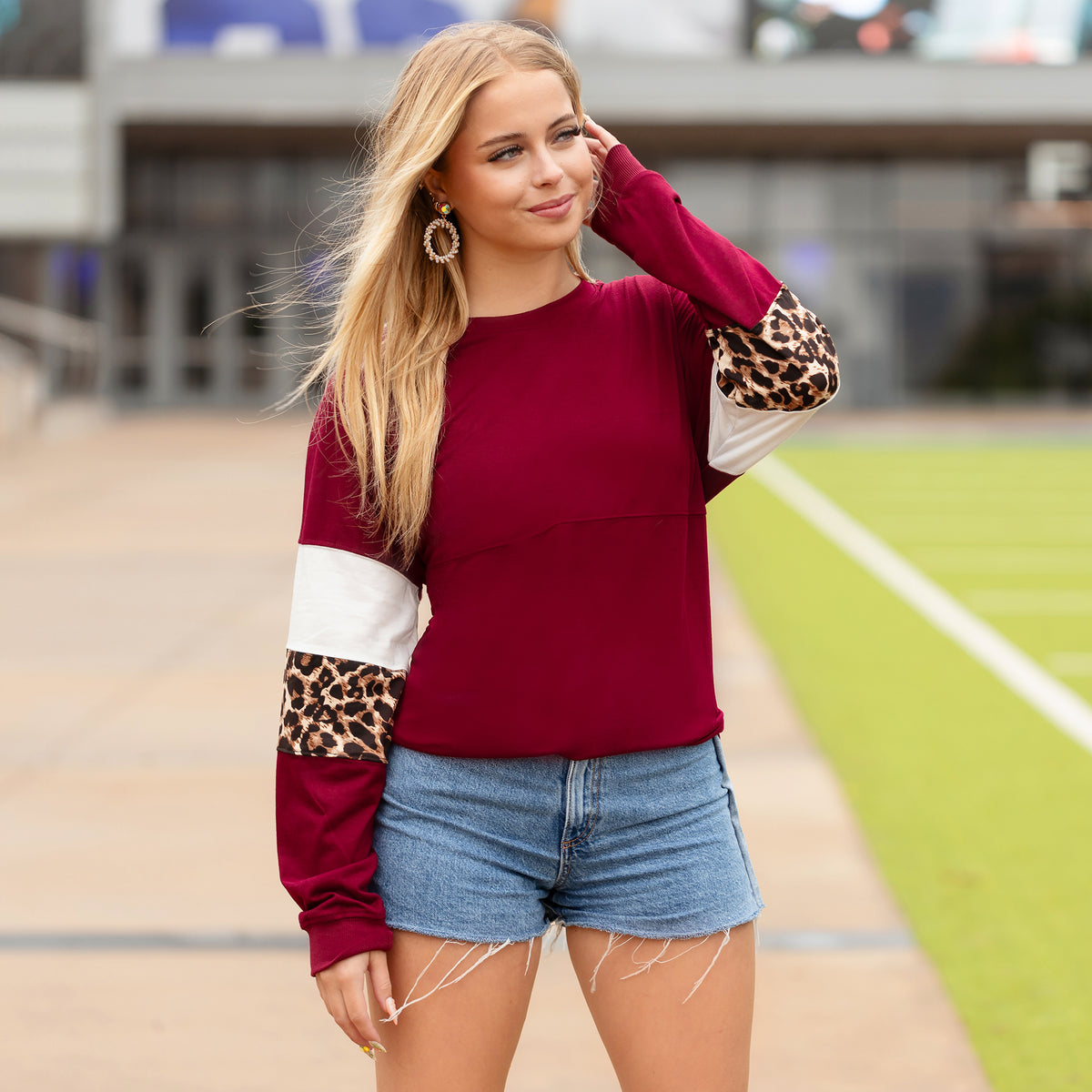 30090 - Leopard Sleeve Spirit Jersey Top - Maroon