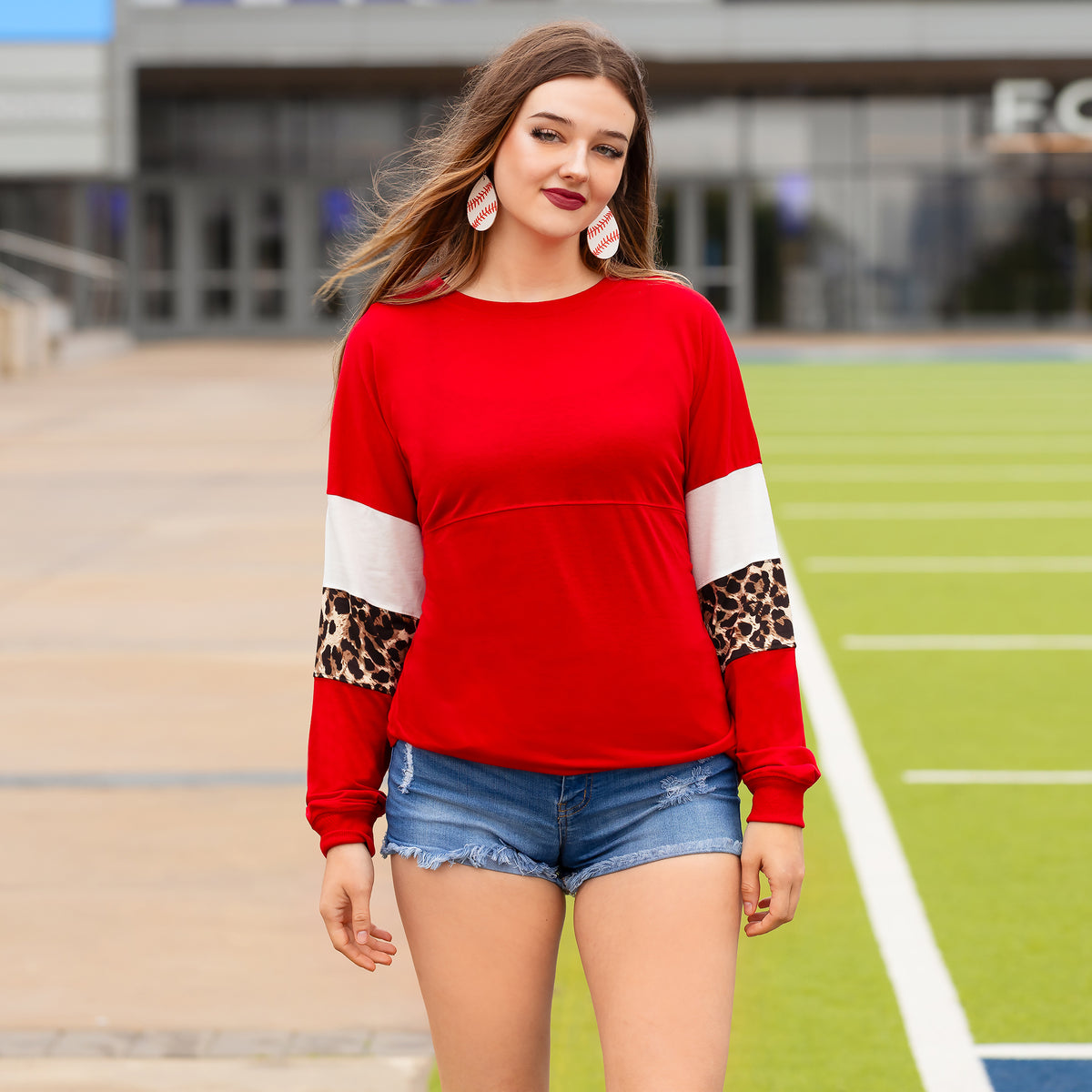 30090 - Leopard Sleeve Spirit Jersey Top - Red