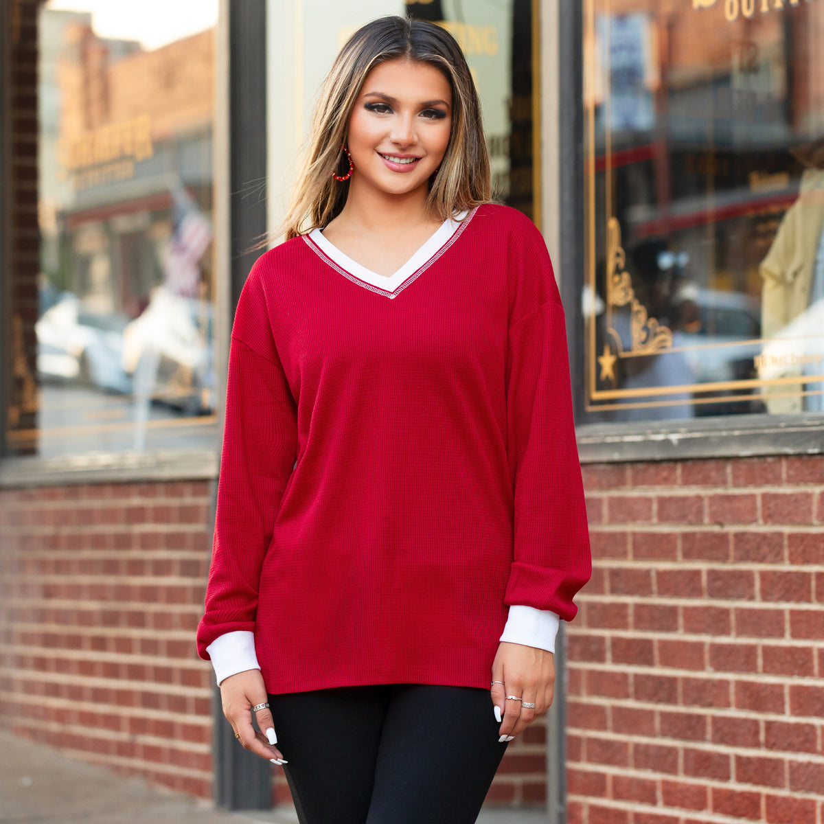 30097 - V- Neck Waffle Knit Long Sleeve Top - Maroon