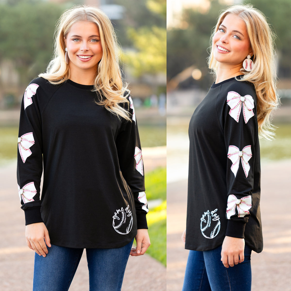 50015 - Baseball Game Day Top with Bow Print Sleeves - Black