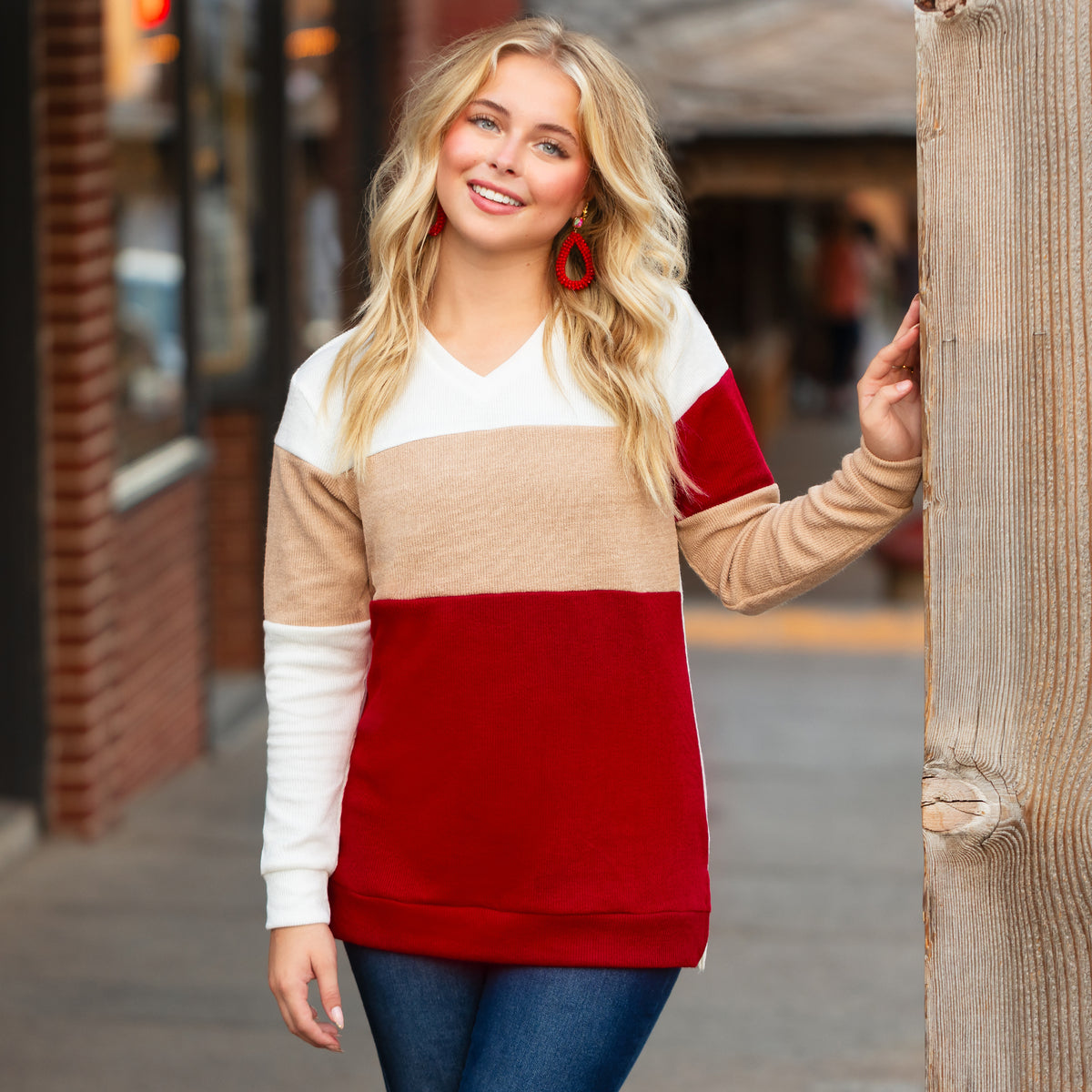 40006 - Color Block Knit Sweater with Slits