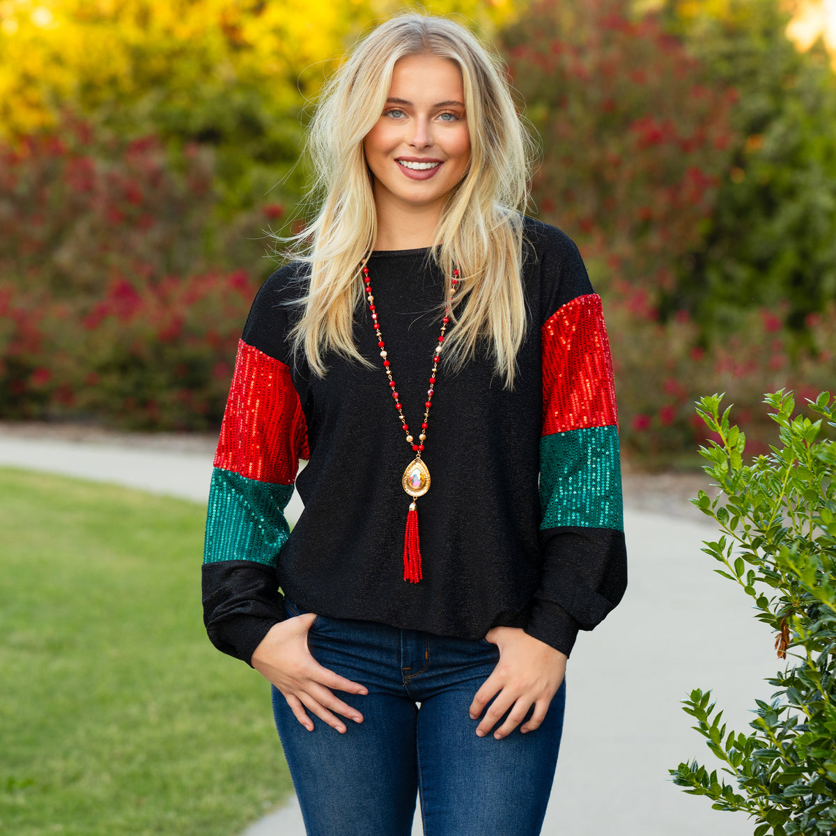 40010 - Shimmer Red & Green Christmas Sequin Sleeves Top