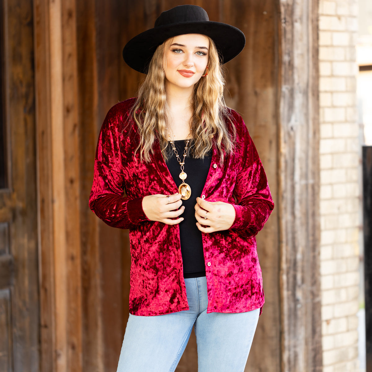 40014 - Velvet Long Sleeve Button Down Top with Pockets