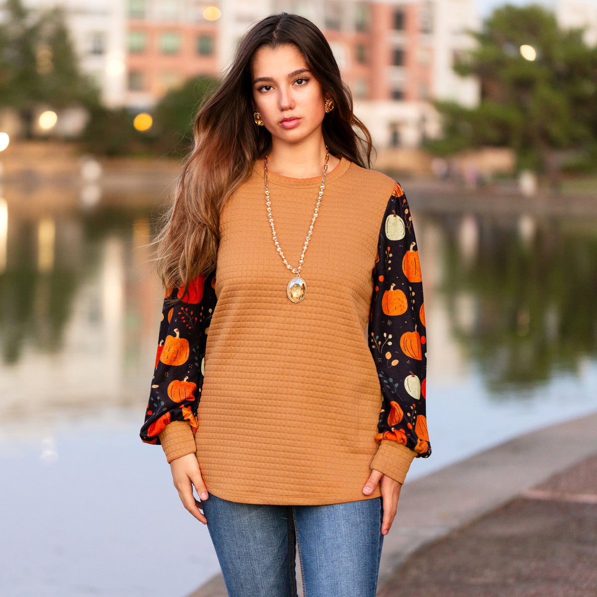 40019 - Fall Pumpkin Sleeves Waffle Top